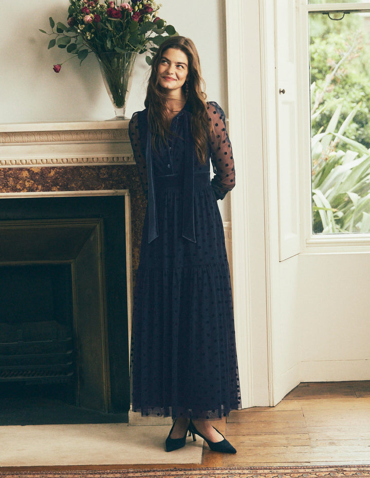 Robe volantée en tulle avec liens à l'encolure-Bleu marine