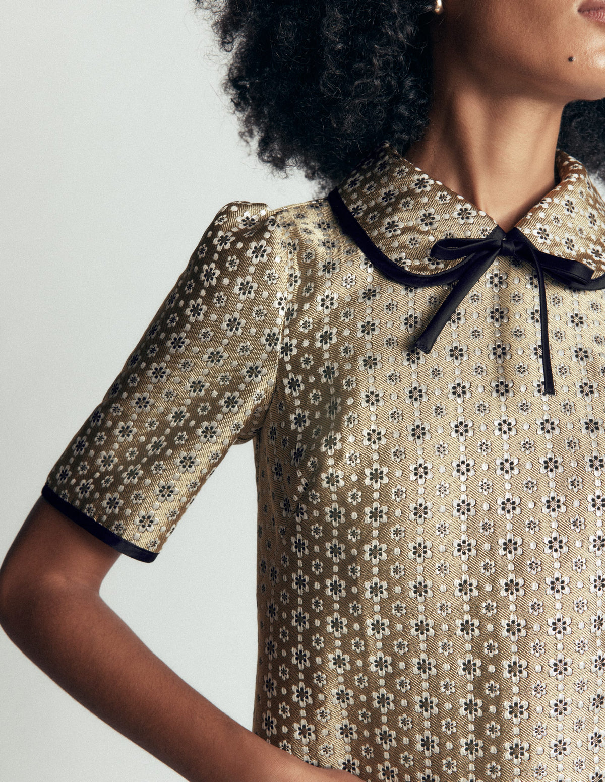 Robe droite à poches et nœud-Jacquard doré - Image 3
