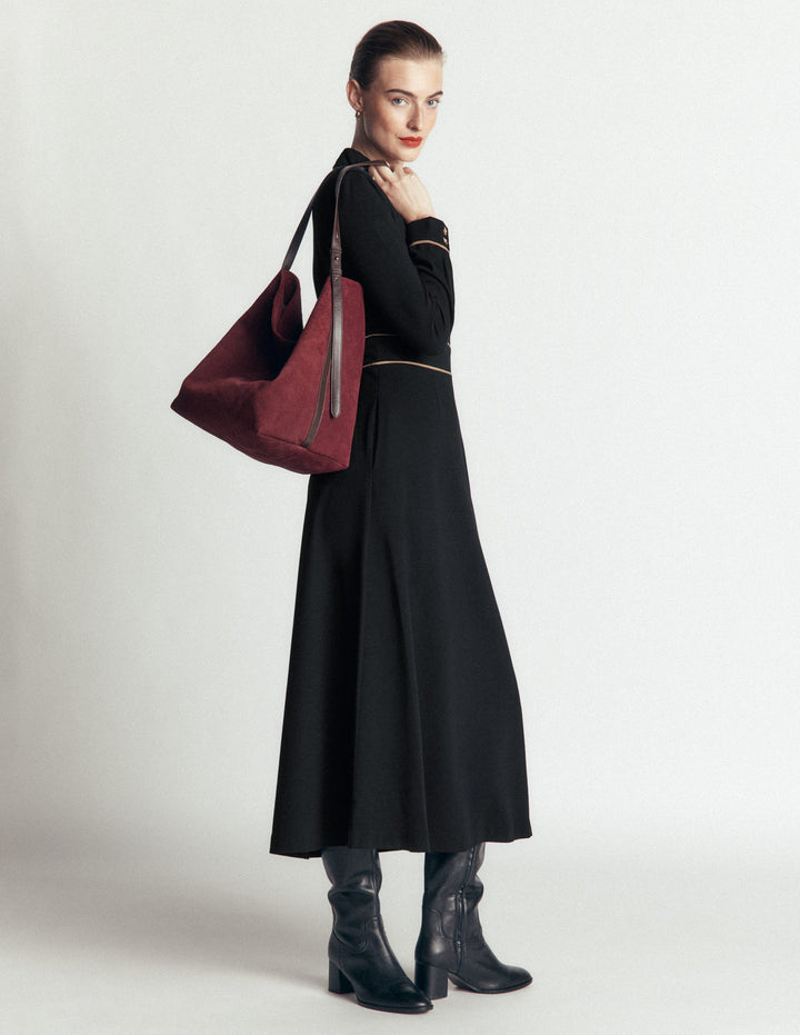 Etta Ponte-Kleid mit Paspelierung-Schwarz, Kamelbraun