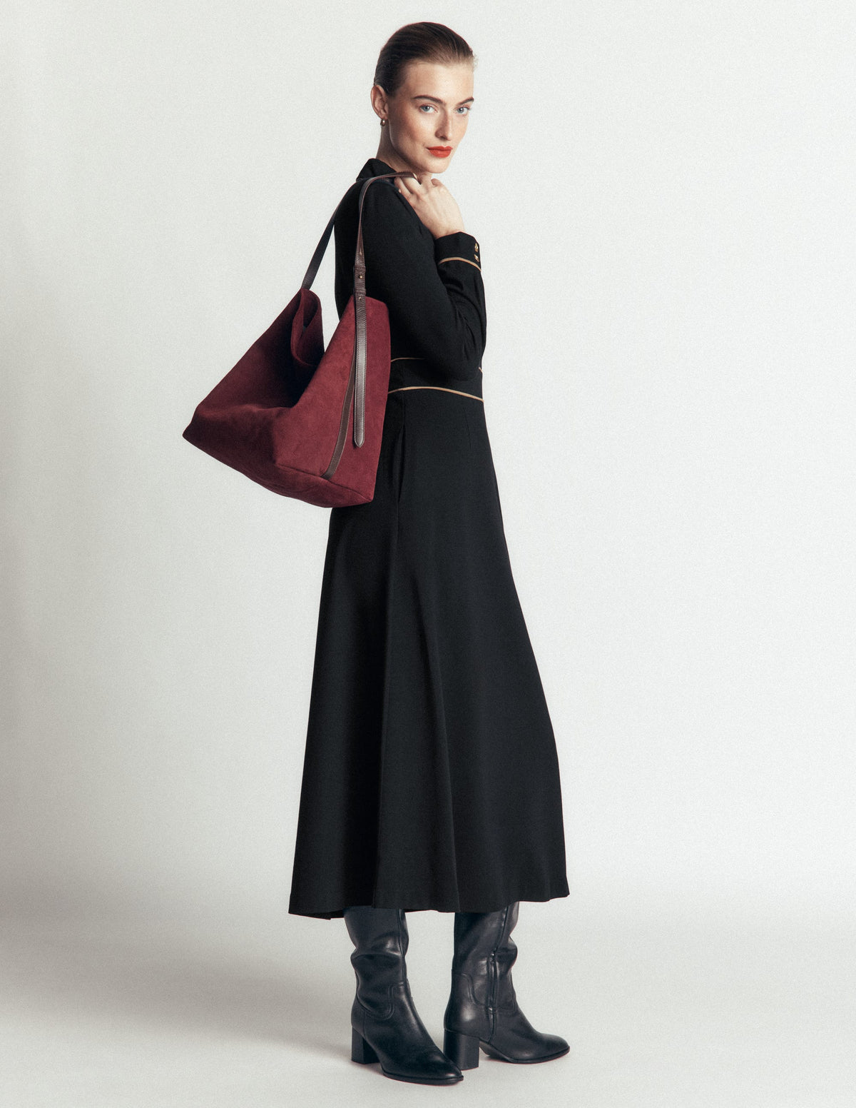 Etta Piping Detail Ponte Dress-Black, Camel-1