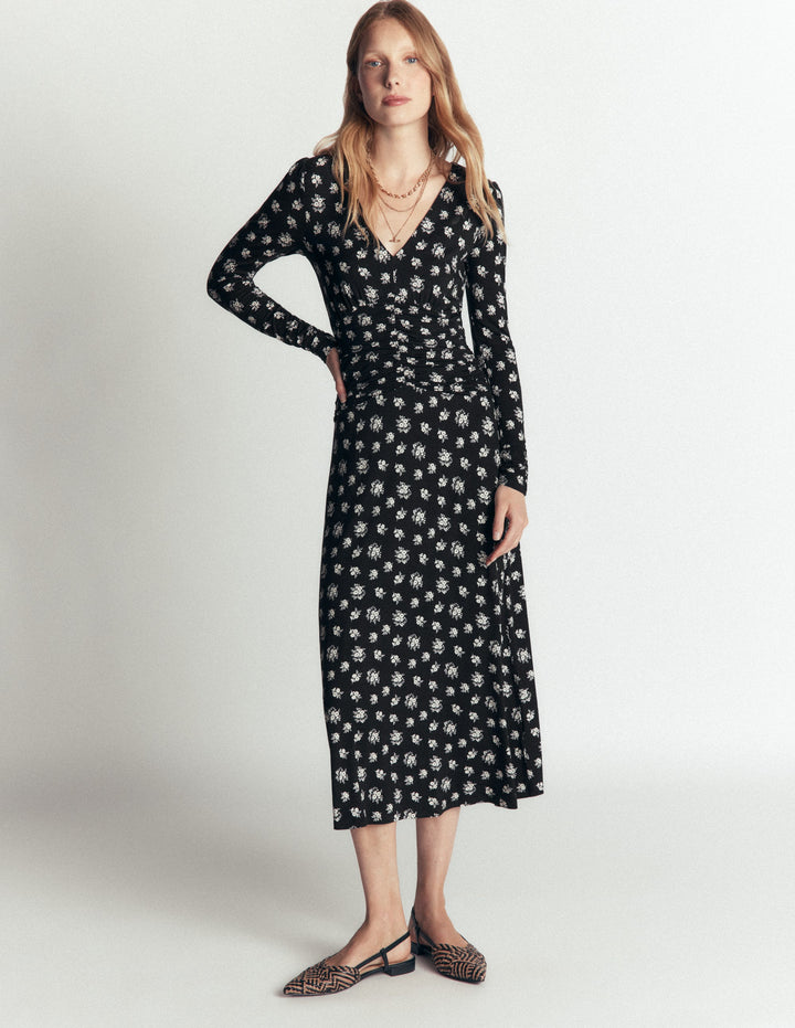 Robe midi Mya froncée en jersey-Bleu marine foncé, motif Delicate Garden
