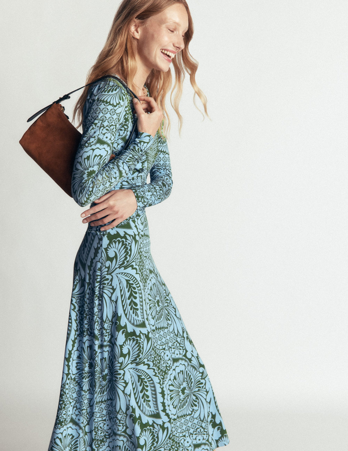 Mya Gerafftes Jersey-Midikleid-Waldgrün, Botanisches Medley-5