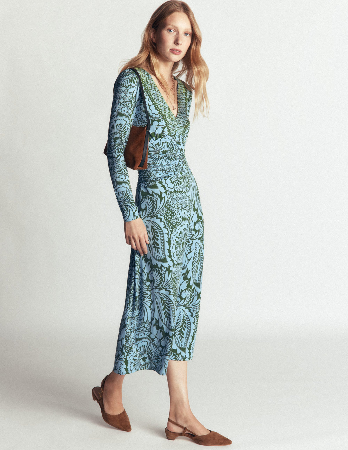 Mya Gerafftes Jersey-Midikleid-Waldgrün, Botanisches Medley - Image 6