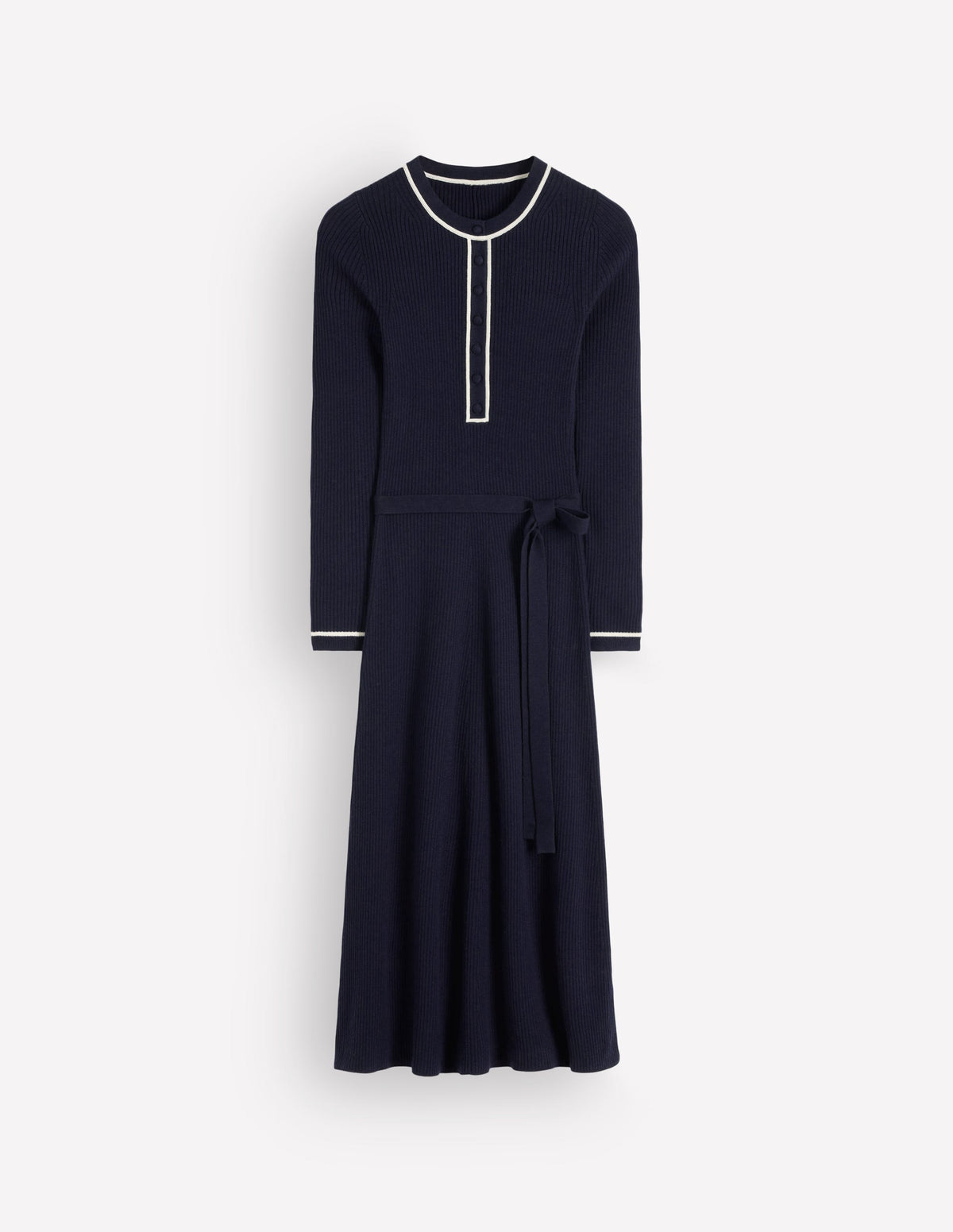 Paula Geripptes Kleid mit Rundhalsausschnitt-Marineblau, Warmes Naturweiß-5