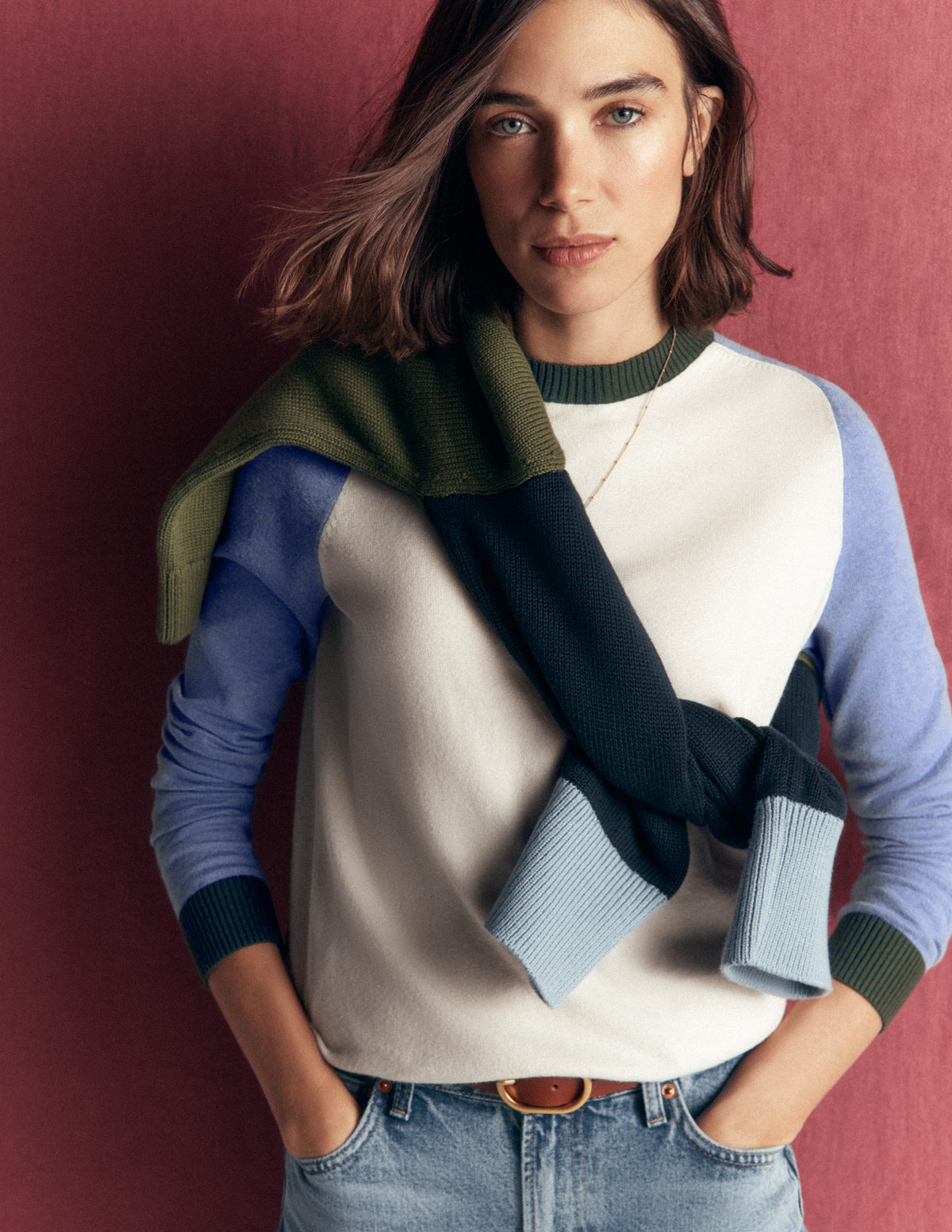 Meg Pullover mit Raglanärmeln-Naturweiß, Blau und Grün-1