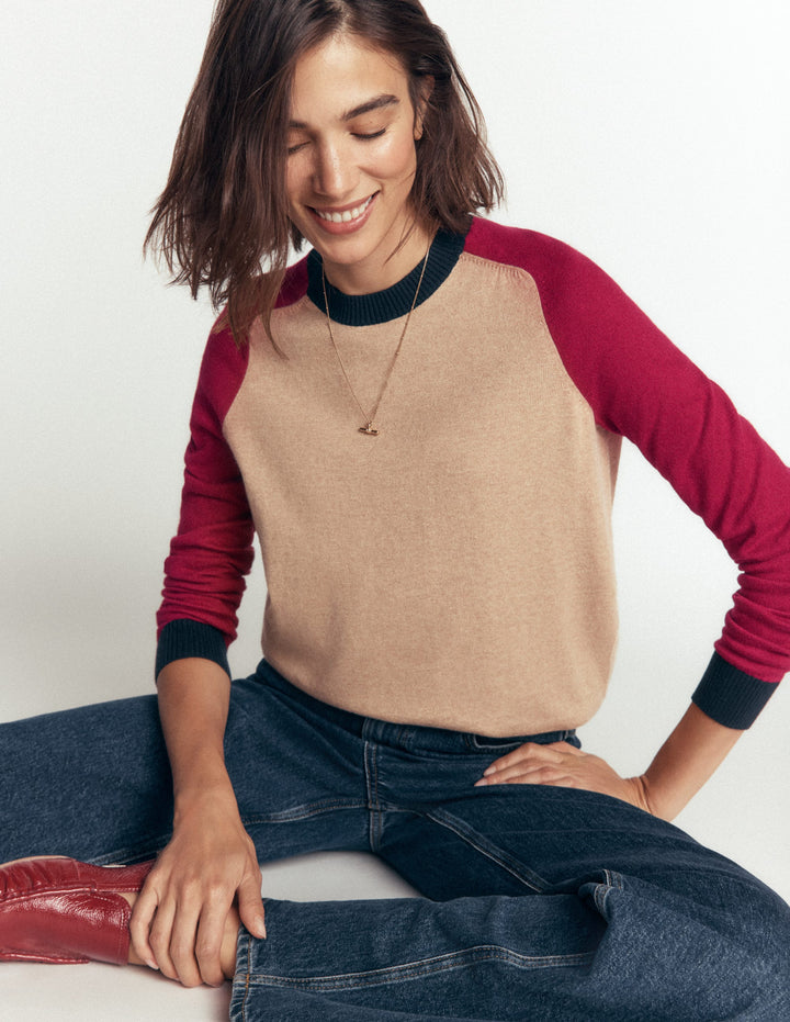 Pull Meg à manches raglan-Camel chiné, rouge