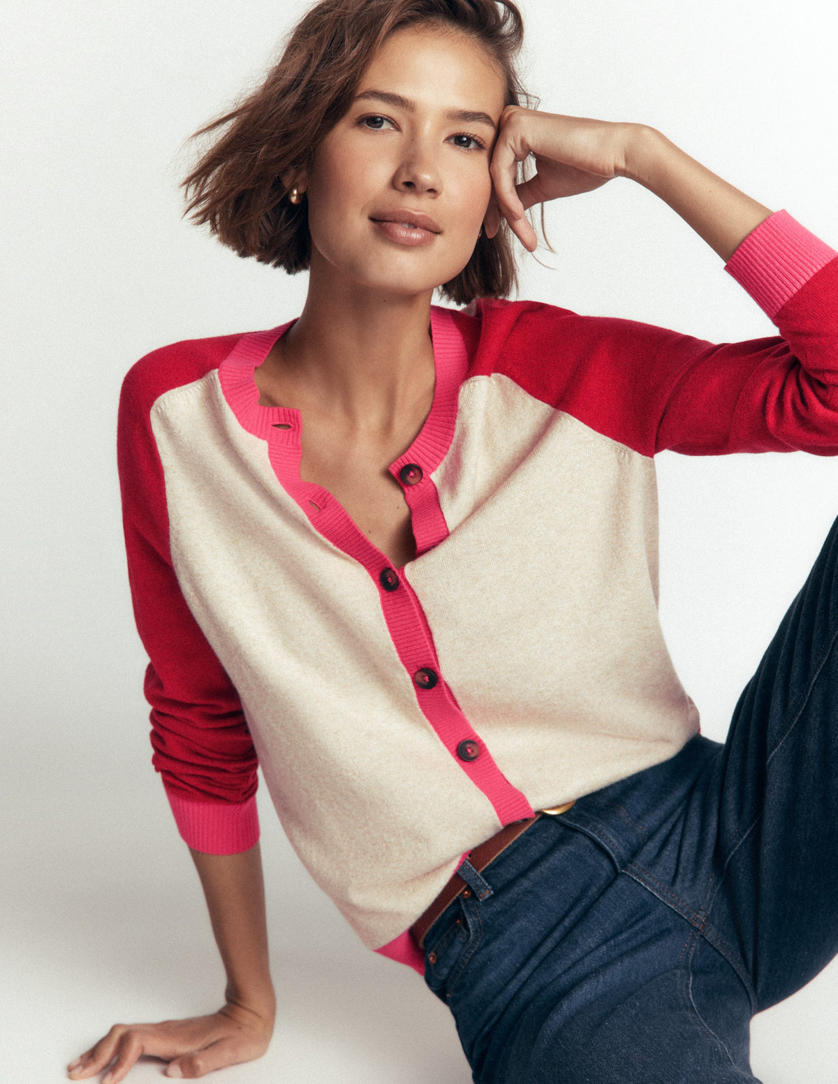 Meg Strickjacke mit Raglanärmeln-Rosa, Naturweiß Color Blocking - Image 2