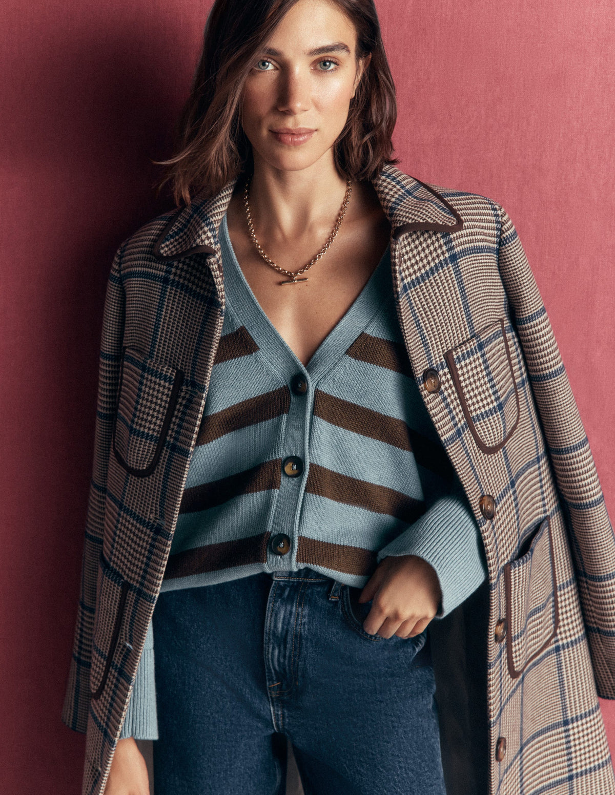 Lucy Lockere Strickjacke aus Baumwolle-Pavillon Blau, Braune Streifen - Image 3