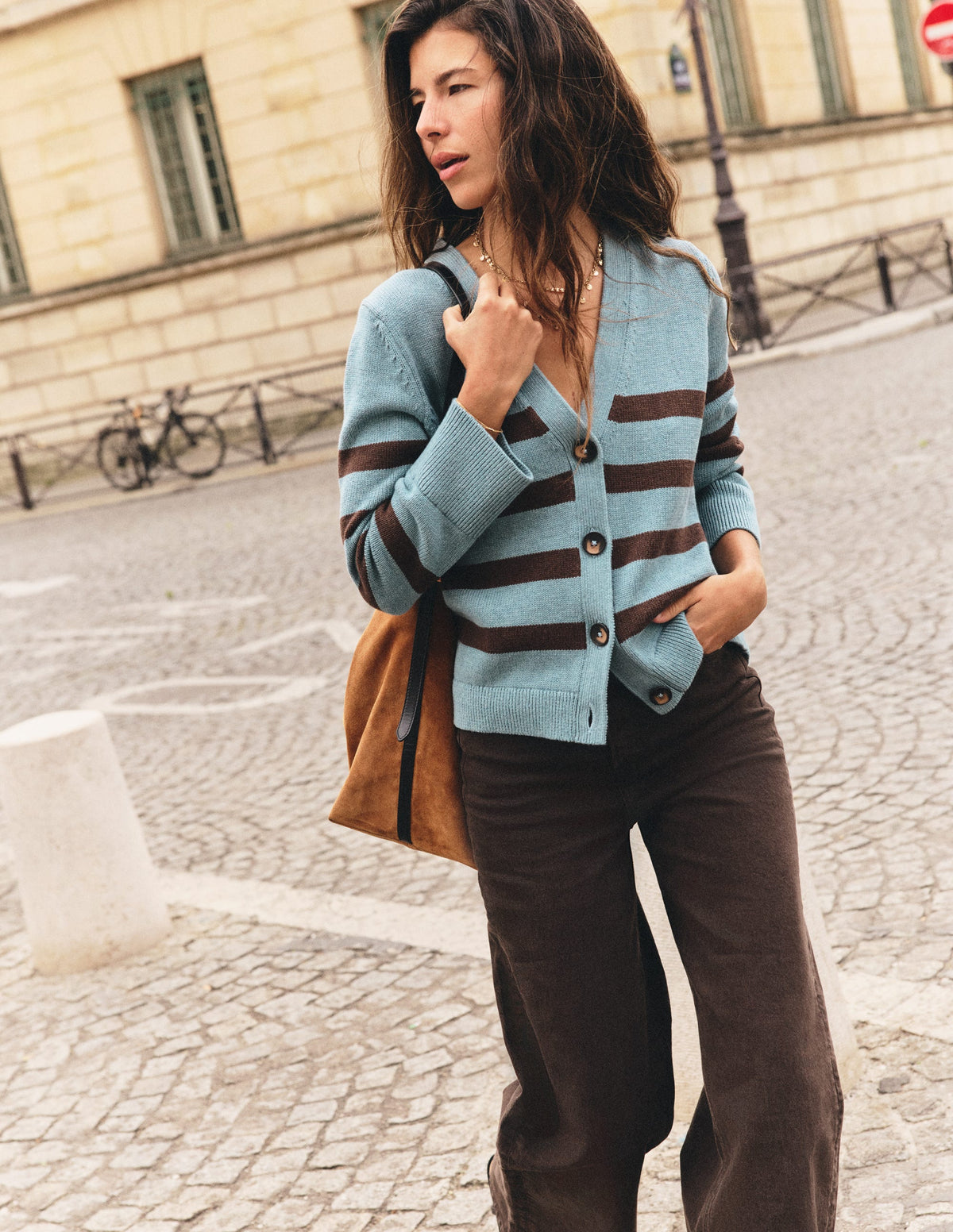 Lucy Lockere Strickjacke aus Baumwolle-Pavillon Blau, Braune Streifen-4