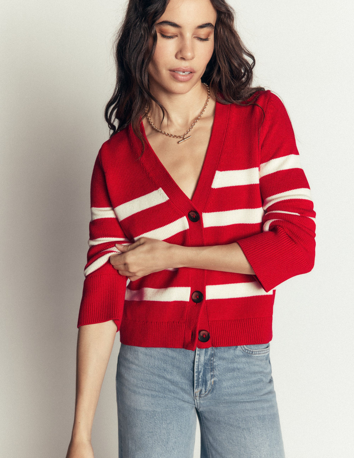 Lucy Lockere Strickjacke aus Baumwolle-Dunkelrot, Naturweiß Streifen-1