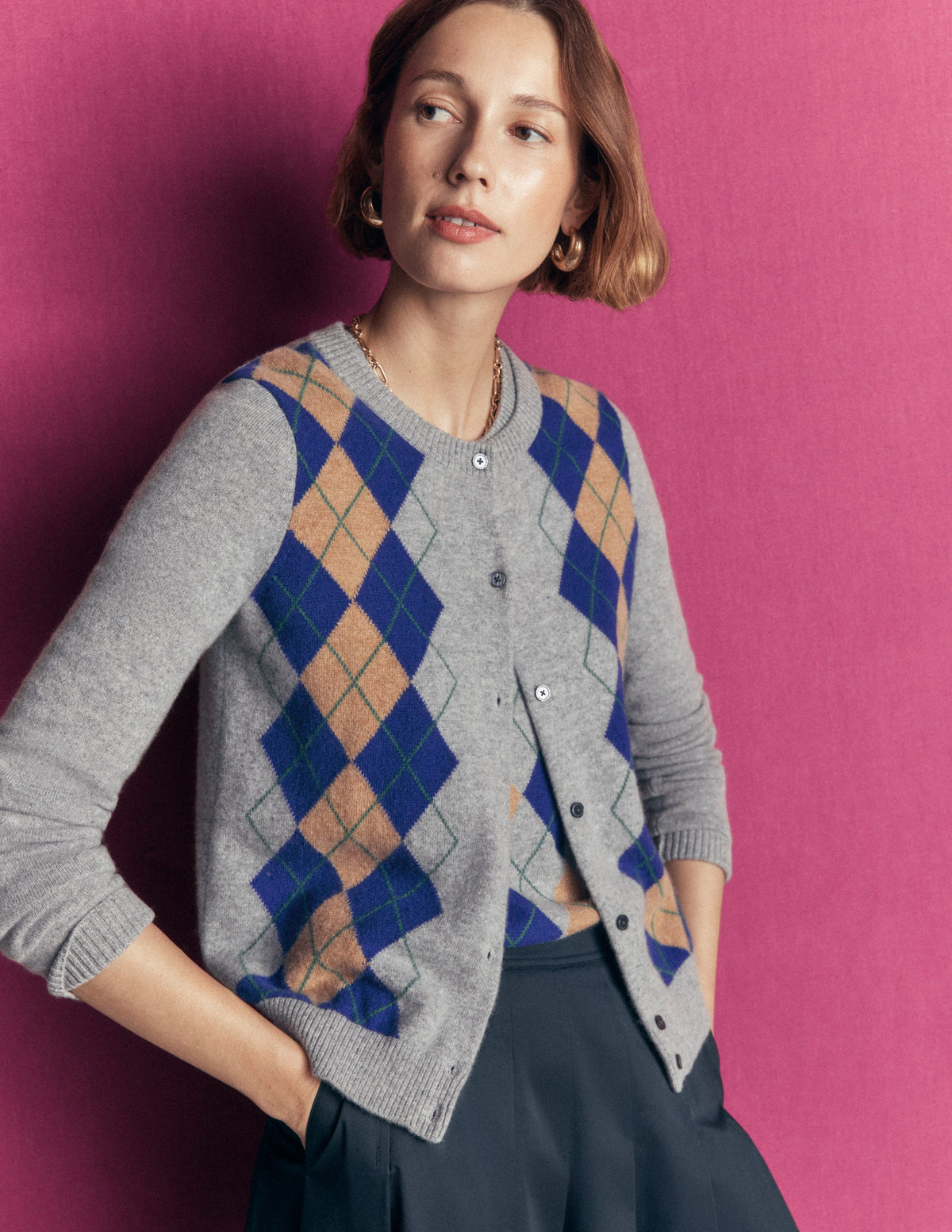 Cardigan Elsie en cachemire-Motif argyle gris - Image 1