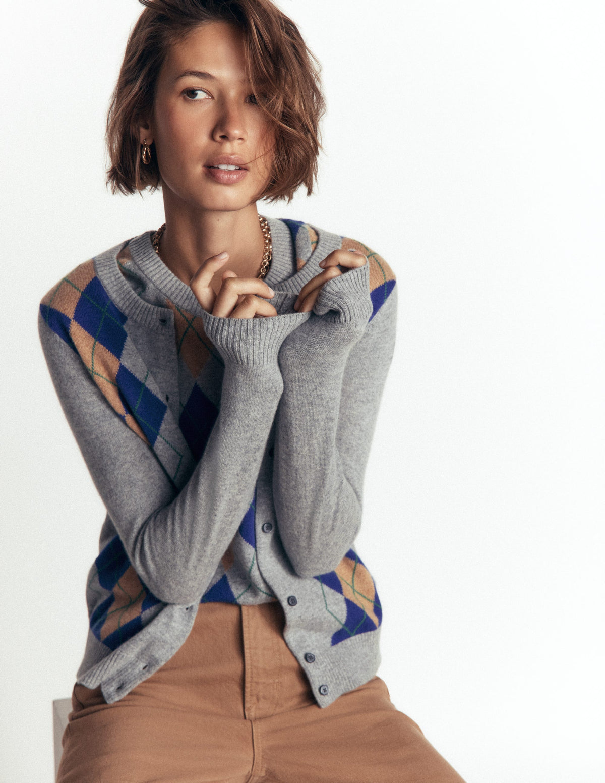 Cardigan Elsie en cachemire-Motif argyle gris-4
