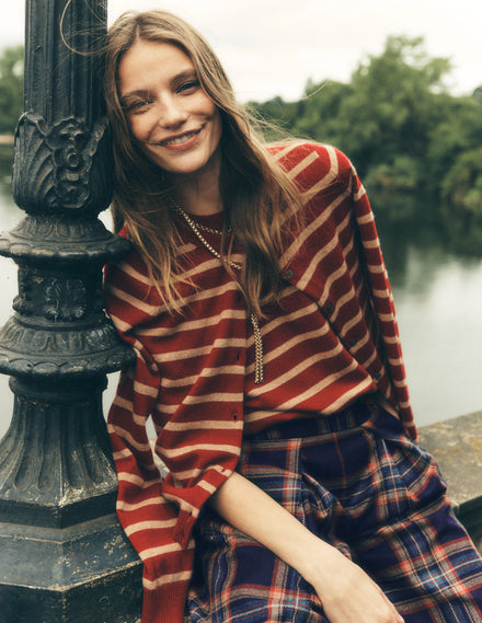 Cardigan Elsie en cachemire-Rouge coquelicot, rayé camel