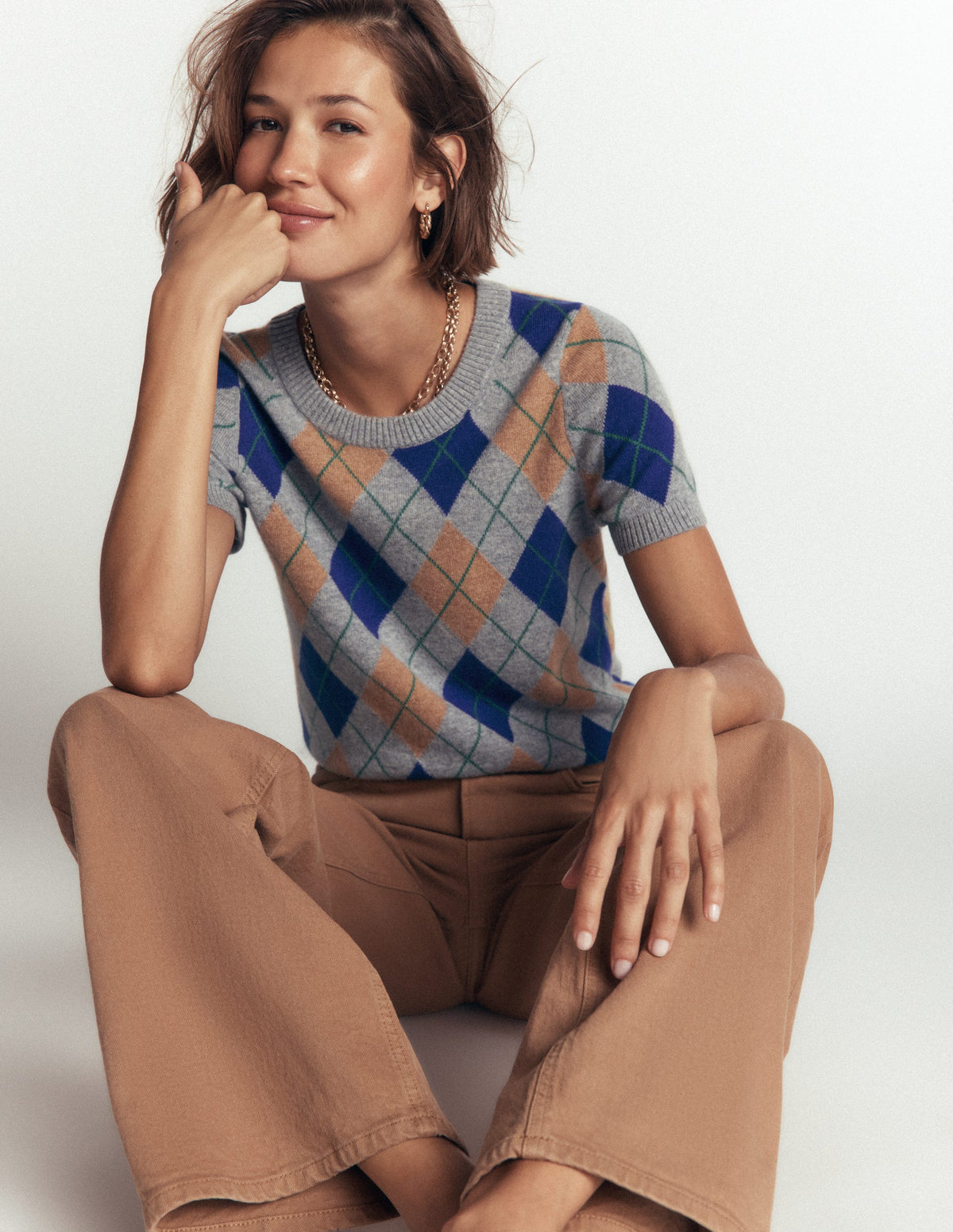 Elsie Kaschmir-T-Shirt mit Rundhalsausschnitt-Grau, Argyle - Image 2