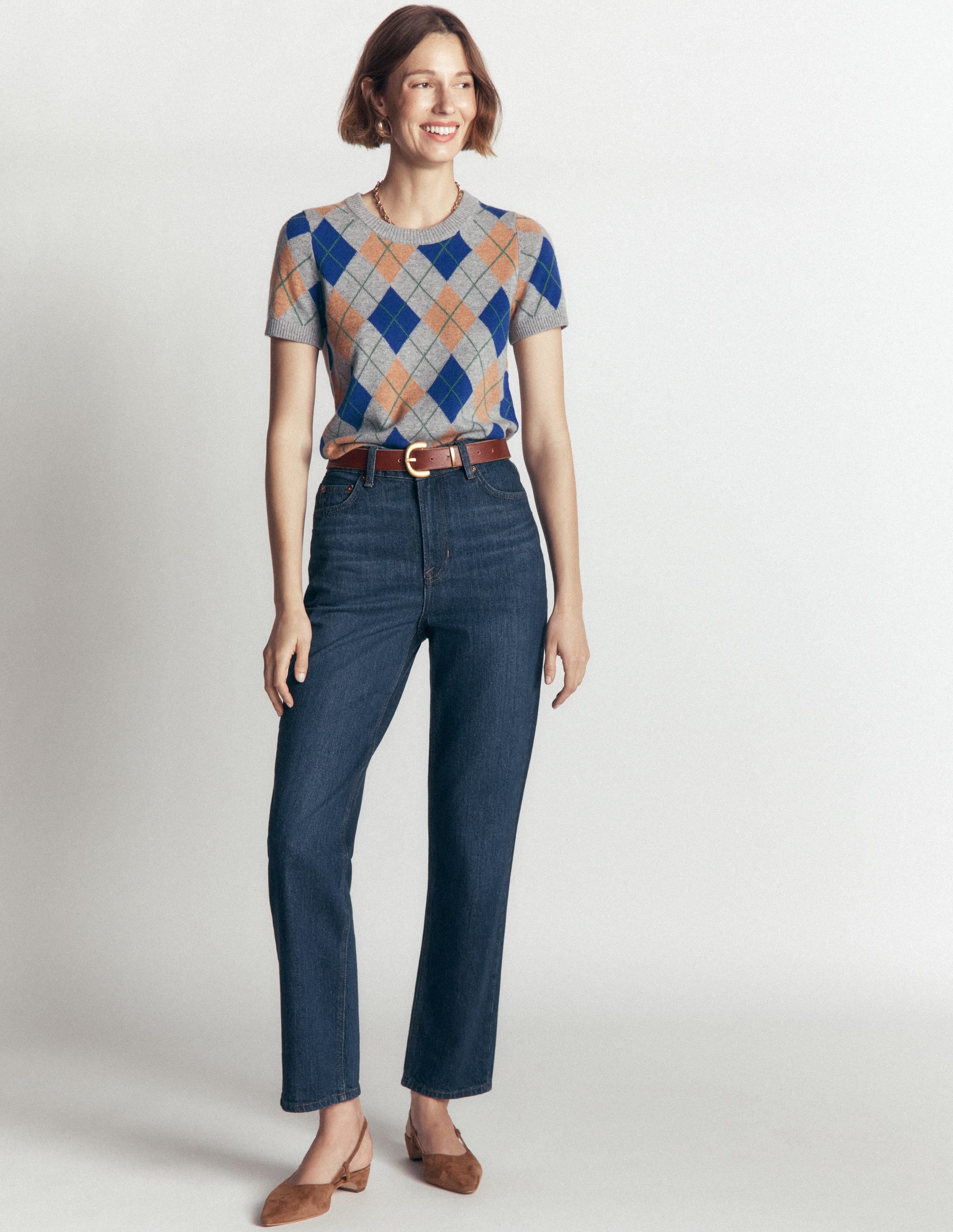 Elsie Kaschmir-T-Shirt mit Rundhalsausschnitt-Grau, Argyle - Image 7