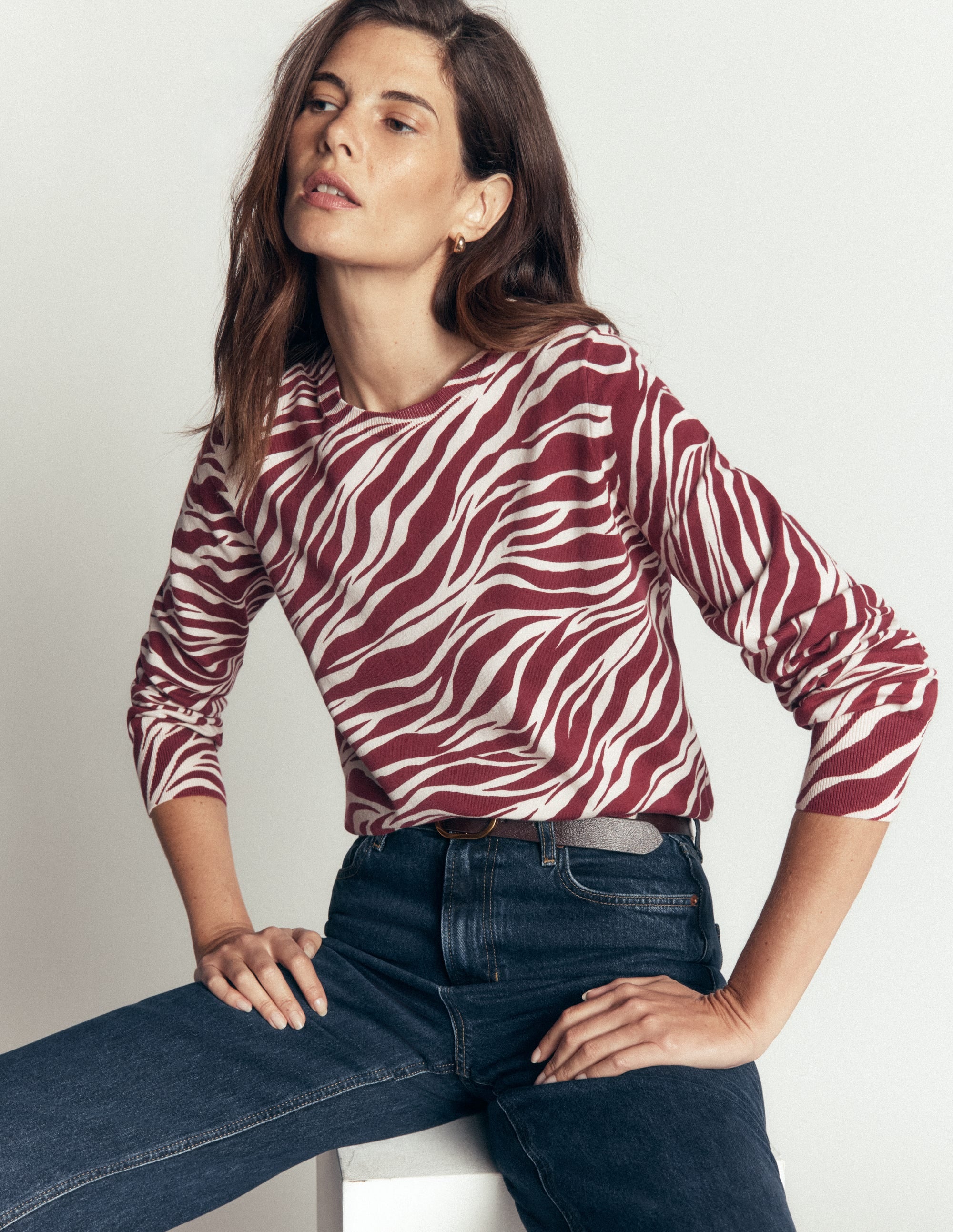 Pull col rond Camilla en coton-Châtaigne, motif Zebra Swirl - Image 1
