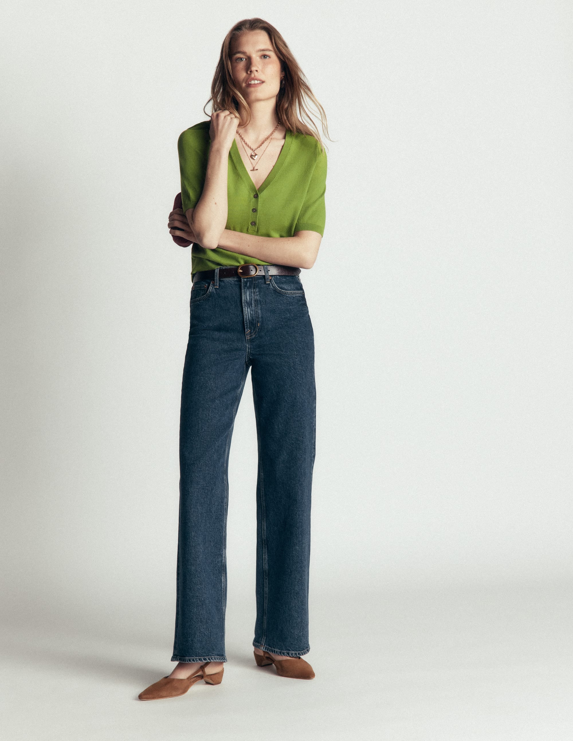 T-shirt Camilla col V en coton-Vert laurier - Image 3