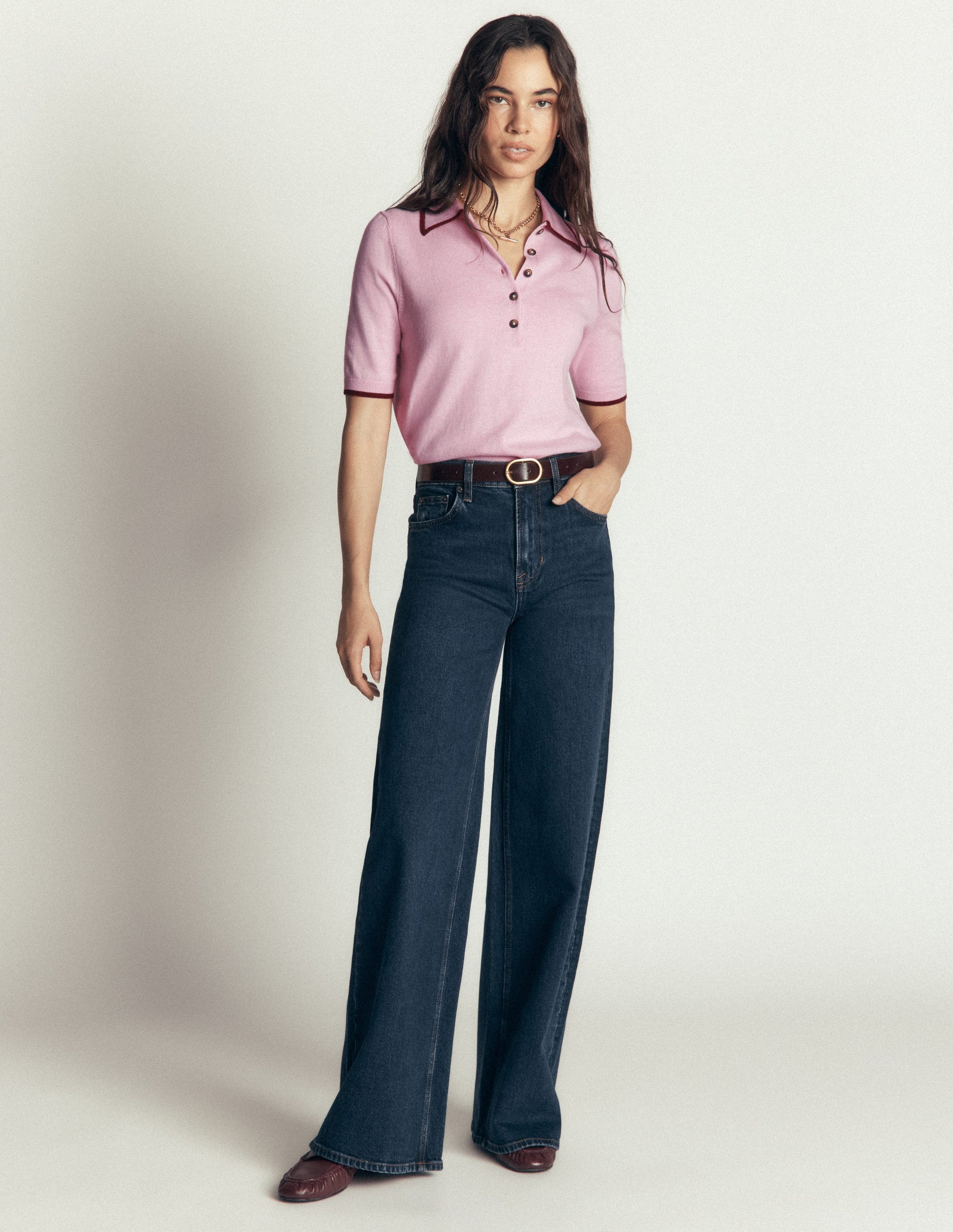 Strick-T-Shirt mit Kragen-Transparentes Rosa-5