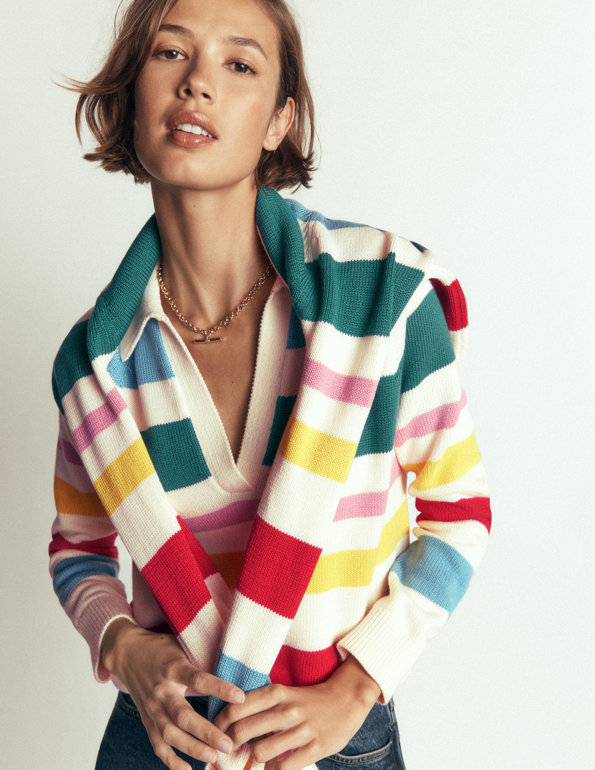 Lucy Henley-Pullover aus Baumwolle-Ackerbohnengrün/Pink, Gestreift-7