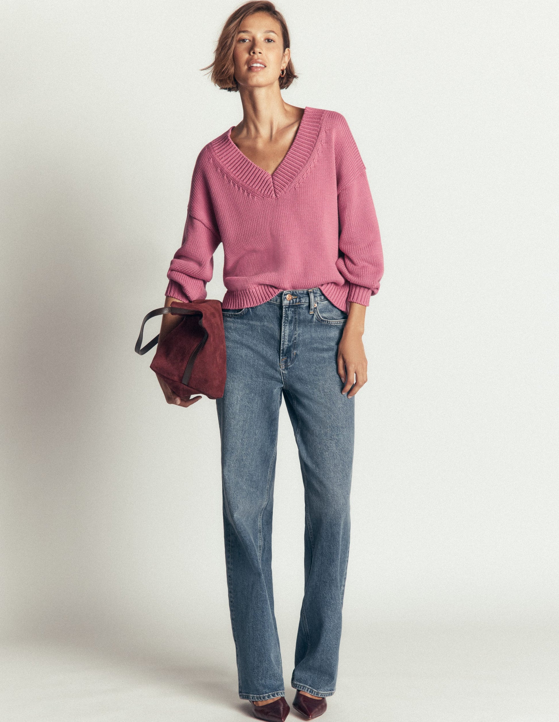 Lucy Baumwollpullover mit V-Ausschnitt-Rosa Heide-10
