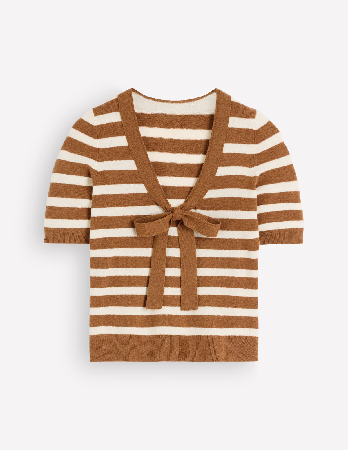 Strick-T-Shirt mit Schleife am Ausschnitt-Lebkuchen, Naturweiß Streifen-7