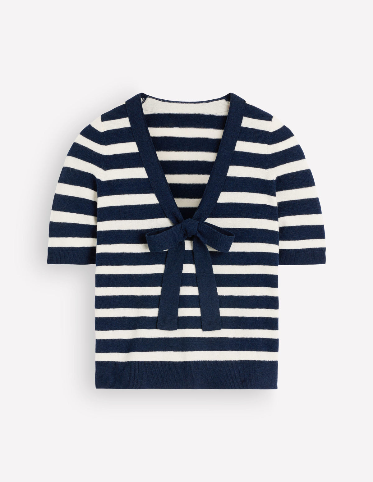 Strick-T-Shirt mit Schleife am Ausschnitt-Marineblau, Naturweiß Gestreift-6