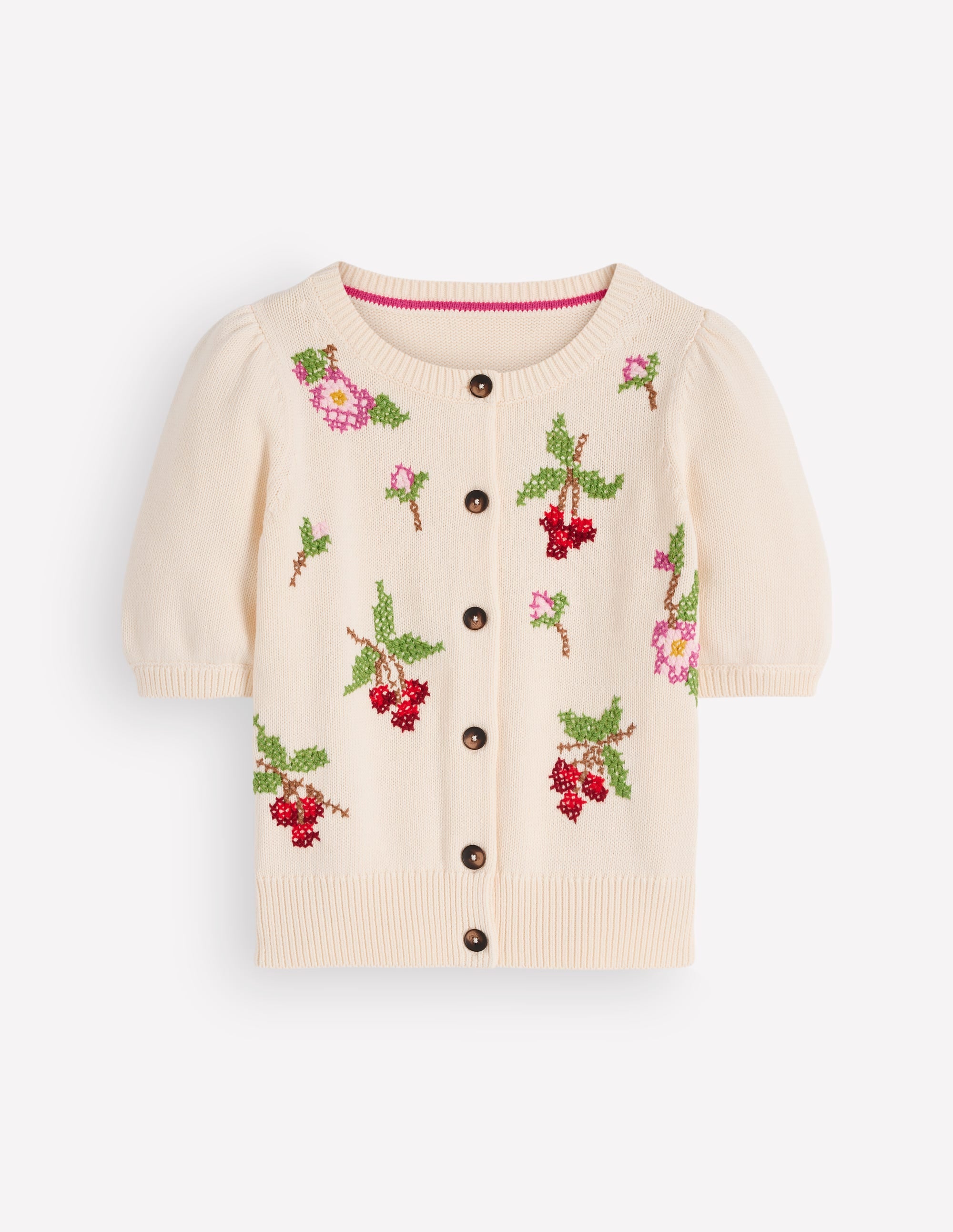 Baumwollstrickjacke mit Puffärmeln-Warmes Naturweiß, Bestickt - Image 6