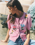 Puff Sleeve Cotton Cardigan-Blossom Pink, Embroidered