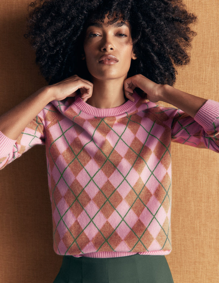 Pull col rond Elsie en cachemire-Bruyère rose, motif argyle