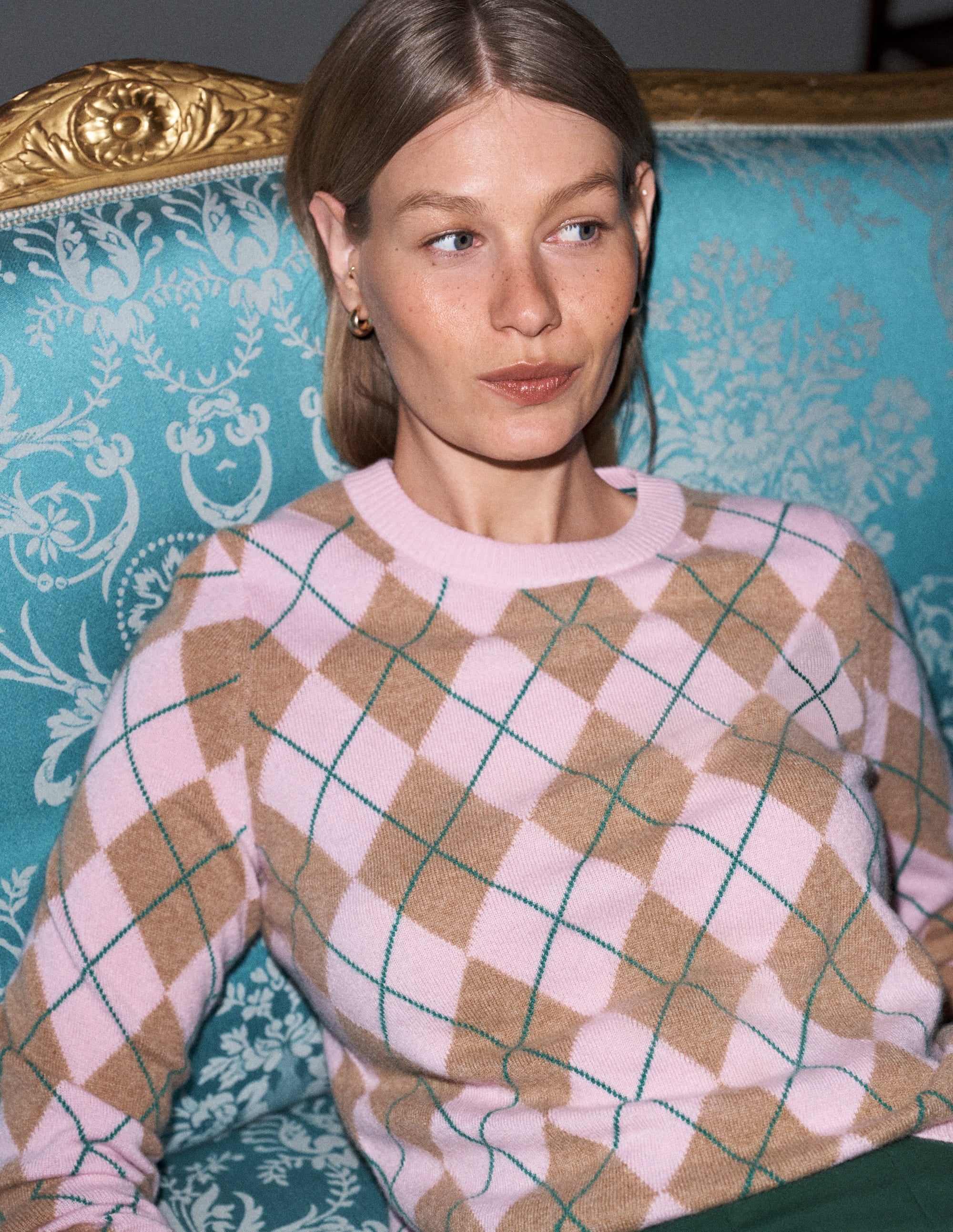 Elsie Kaschmirpullover mit Rundhalsausschnitt-Rosa Heidekraut, Argyle - Image 1