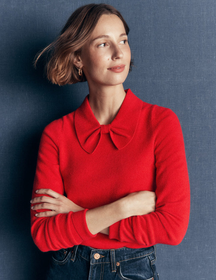 Strickpullover mit Schleife am Ausschnitt-Mohnblumenrot