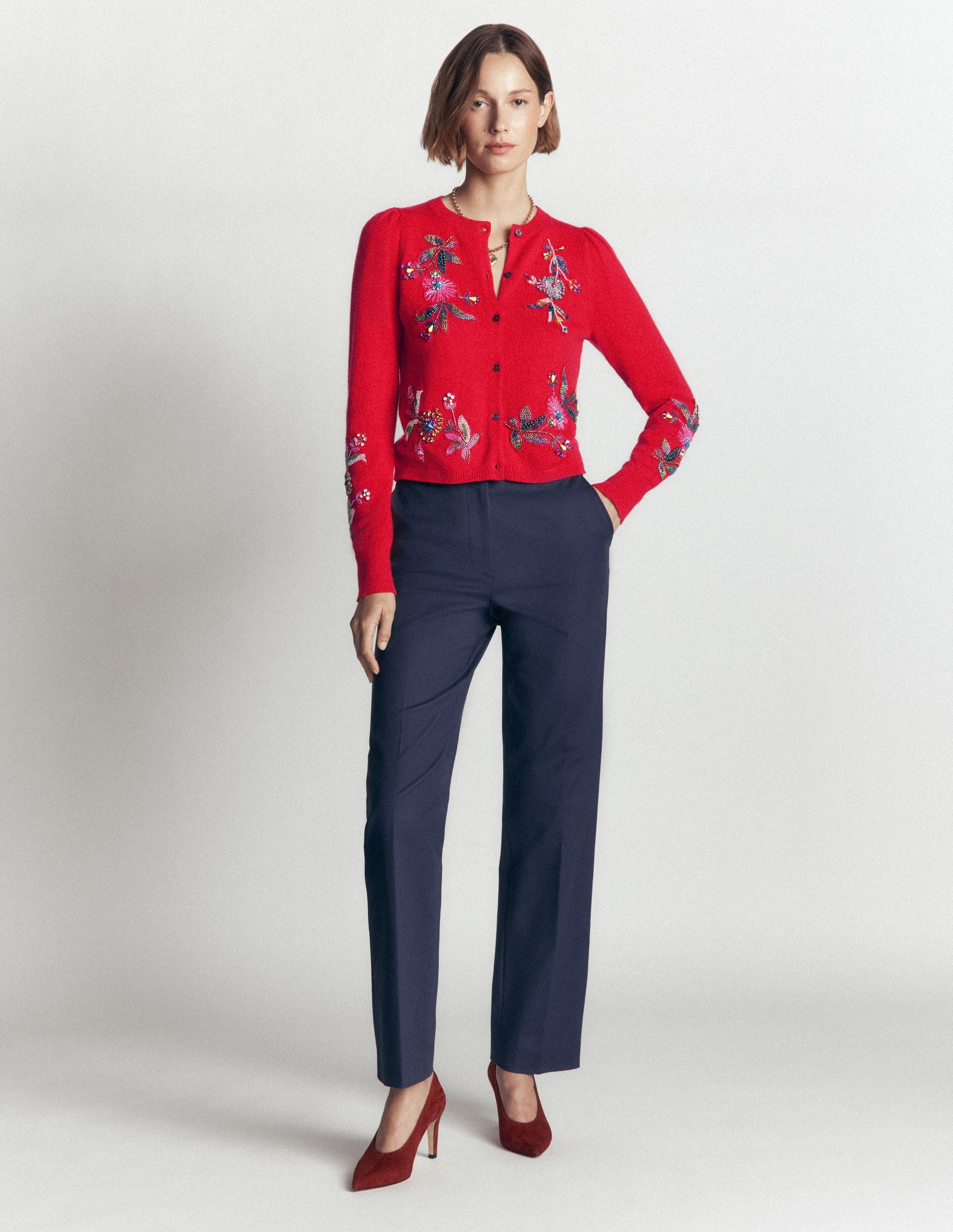 Ria Verzierte Strickjacke-Mohnblumenrot-5