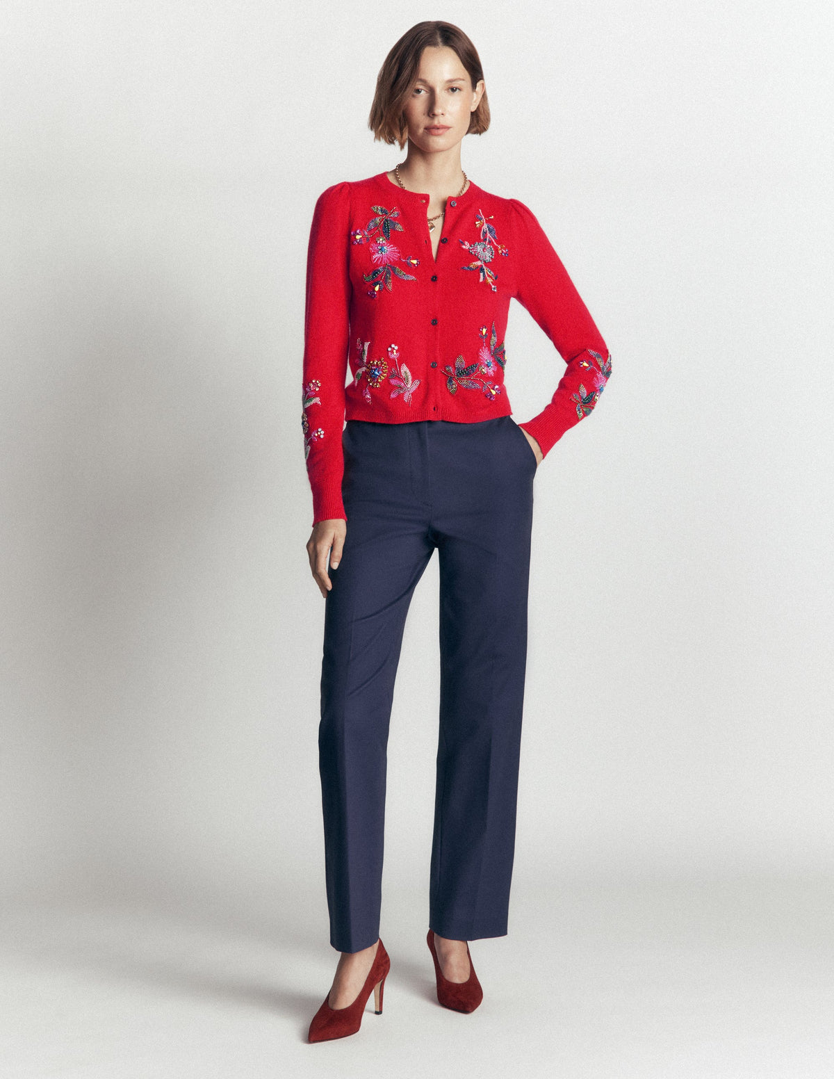 Ria Verzierte Strickjacke-Mohnblumenrot - Image 5