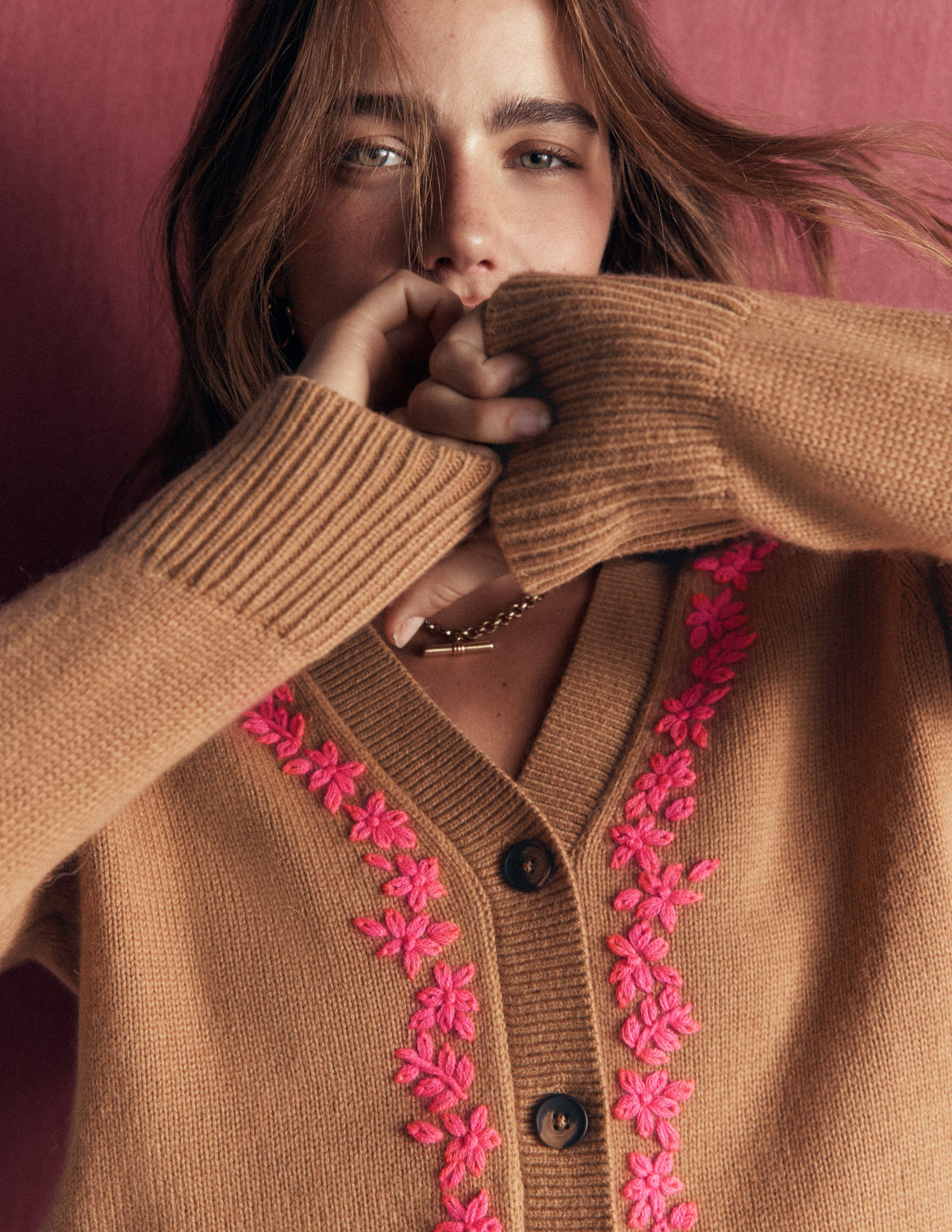 Ella Embroidered Knit Cardigan-Camel, Embroidery - Image 3