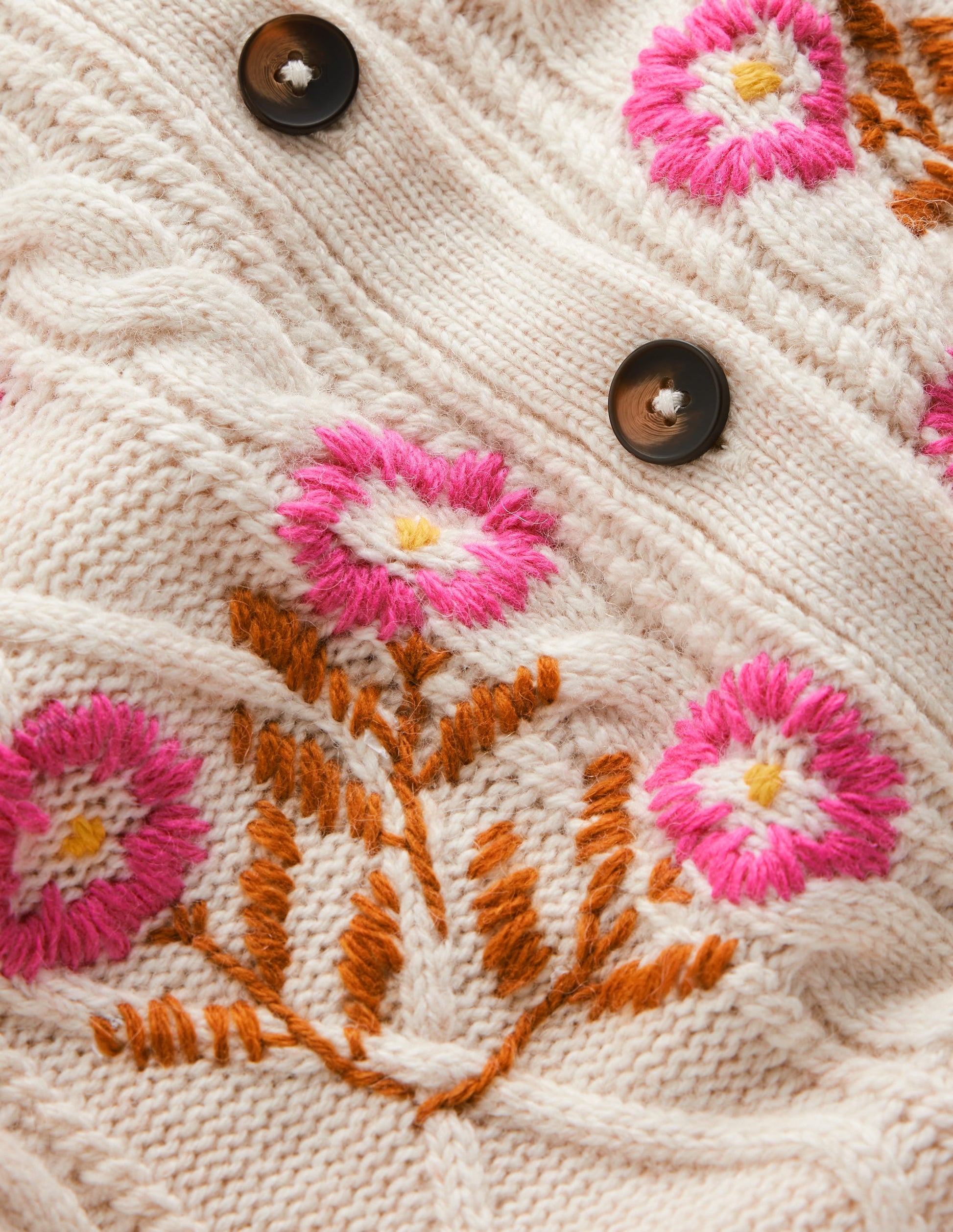Cable Knitted Cardigan-Ecru Marl, Embroidery-5