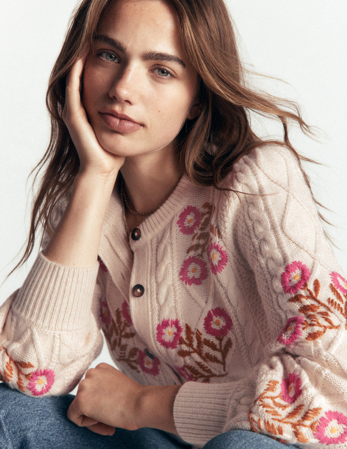 Cable Knitted Cardigan-Ecru Marl, Embroidery-1