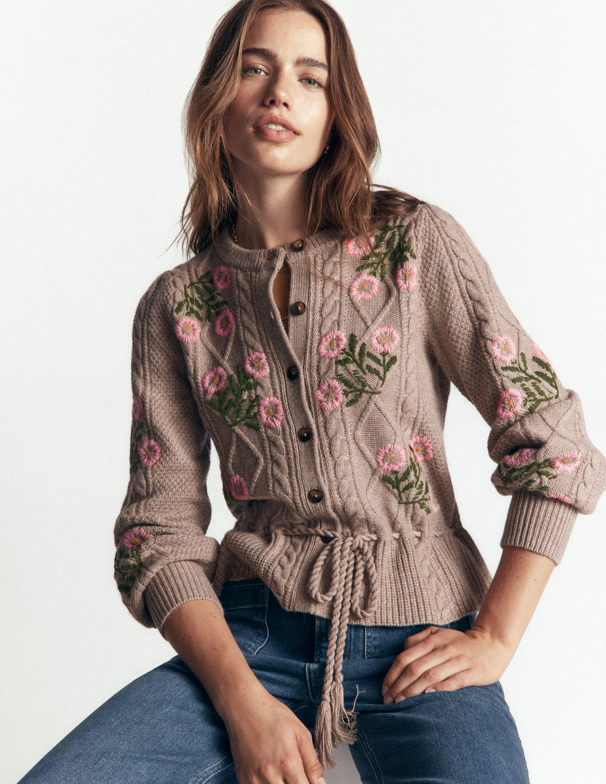 Strickjacke mit Zopfmuster-Nerz Meliert, Stickerei-5
