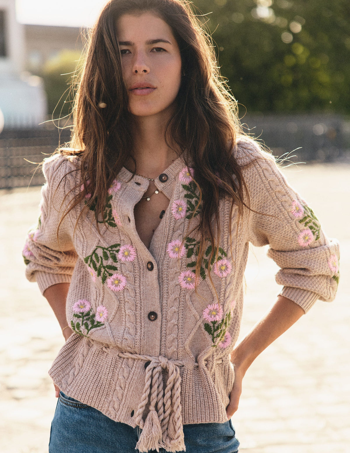 Strickjacke mit Zopfmuster-Nerz Meliert, Stickerei - Image 6