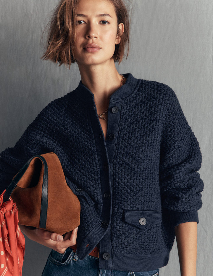 Texturierte, gestrickte Bomberjacke-Marineblau