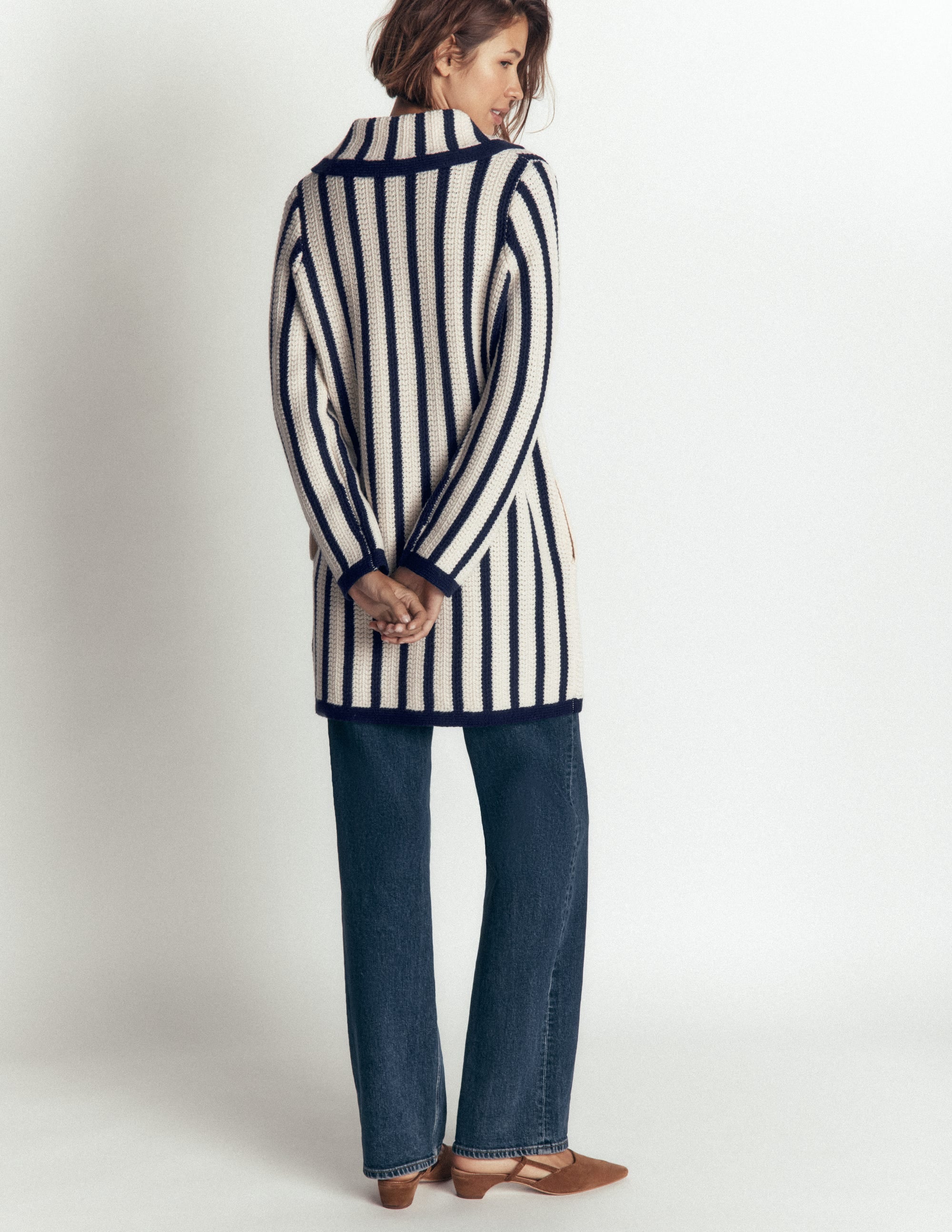 Langer Strickmantel-Naturweiß/Navy, Gestreift - Image 3