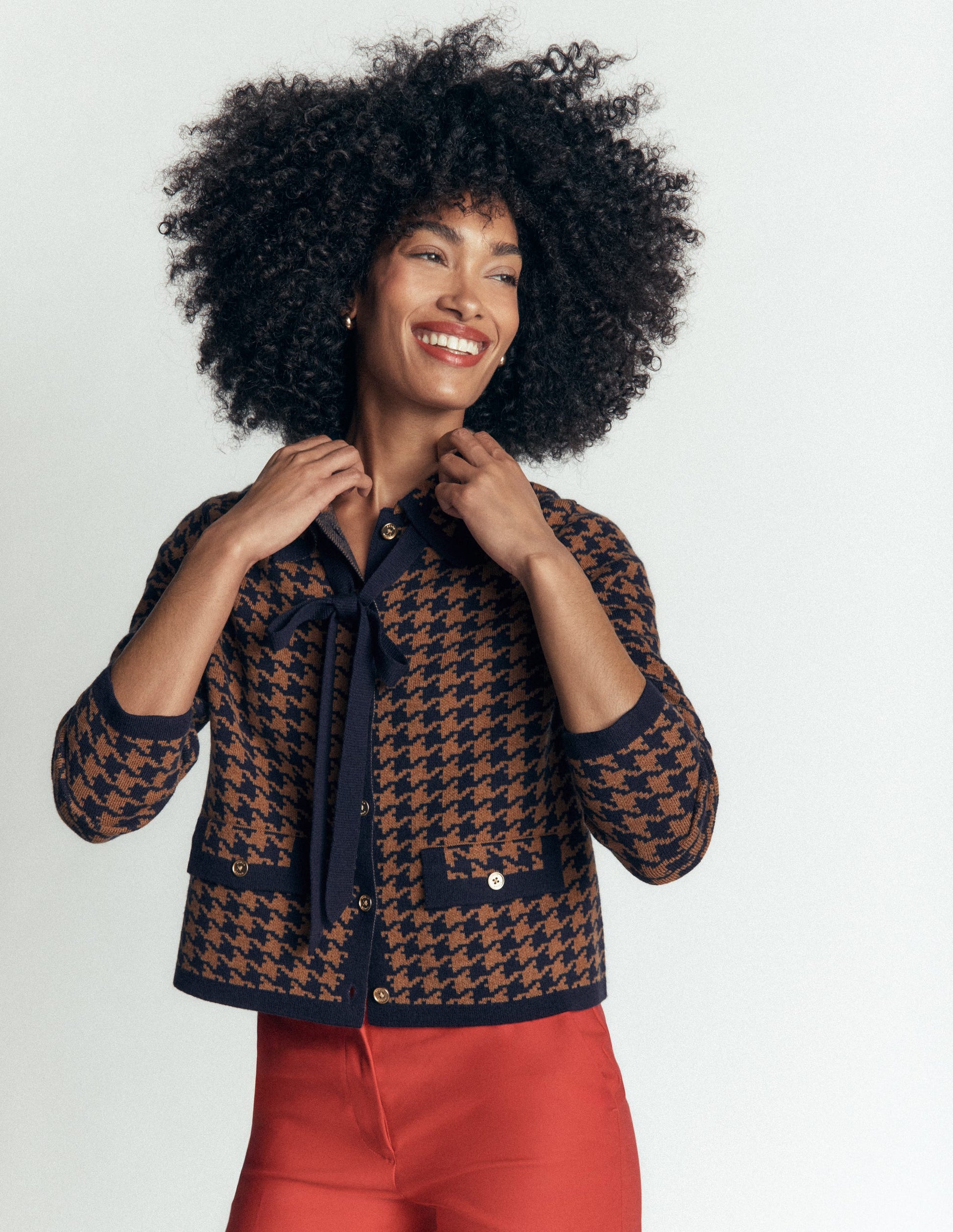 Veste en maille Elizabeth à nœud-Camel, pied-de-poule-5