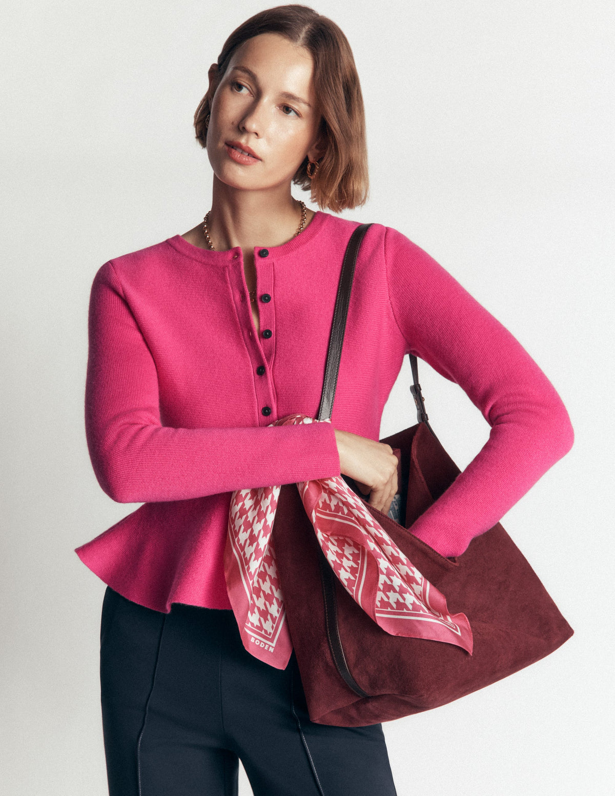 Taillierte Woll-Strickjacke mit Schößchen-ROSA - Image 1