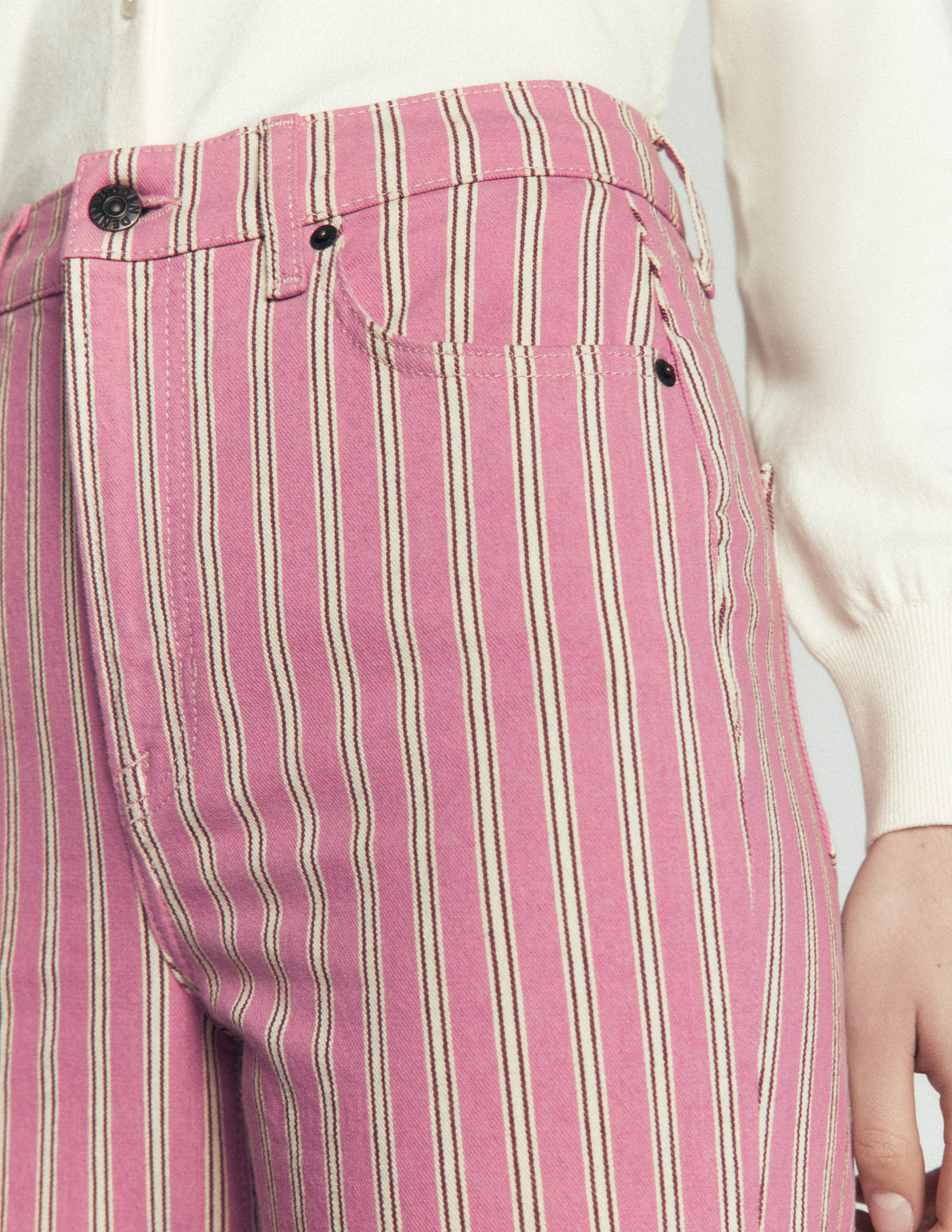 Jeans mit hohem Bund und geradem, weitem Bein-Rosa, Kastanienbraun Tram Streifen-2