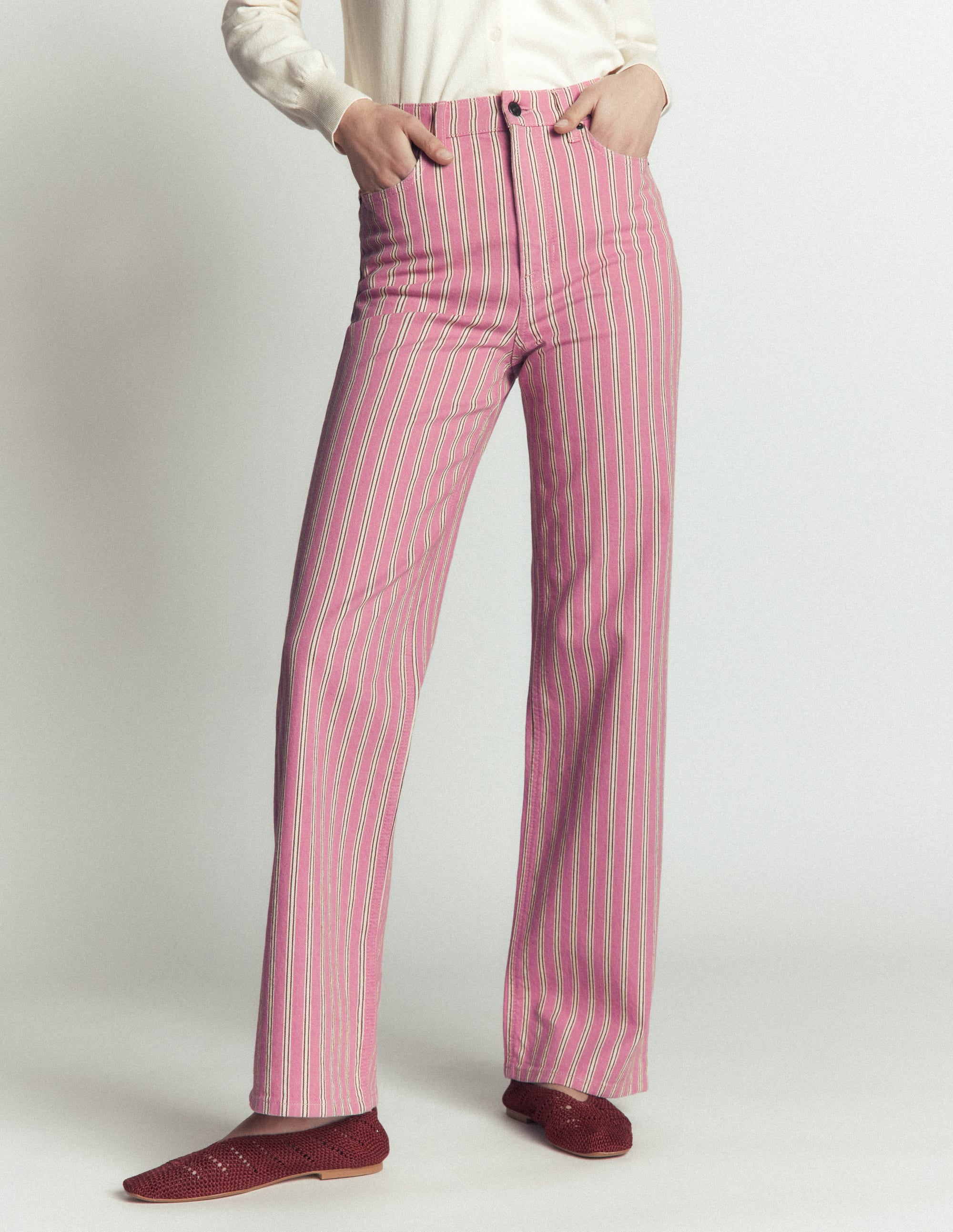 Jeans mit hohem Bund und geradem, weitem Bein-Rosa, Kastanienbraun Tram Streifen - Image 4