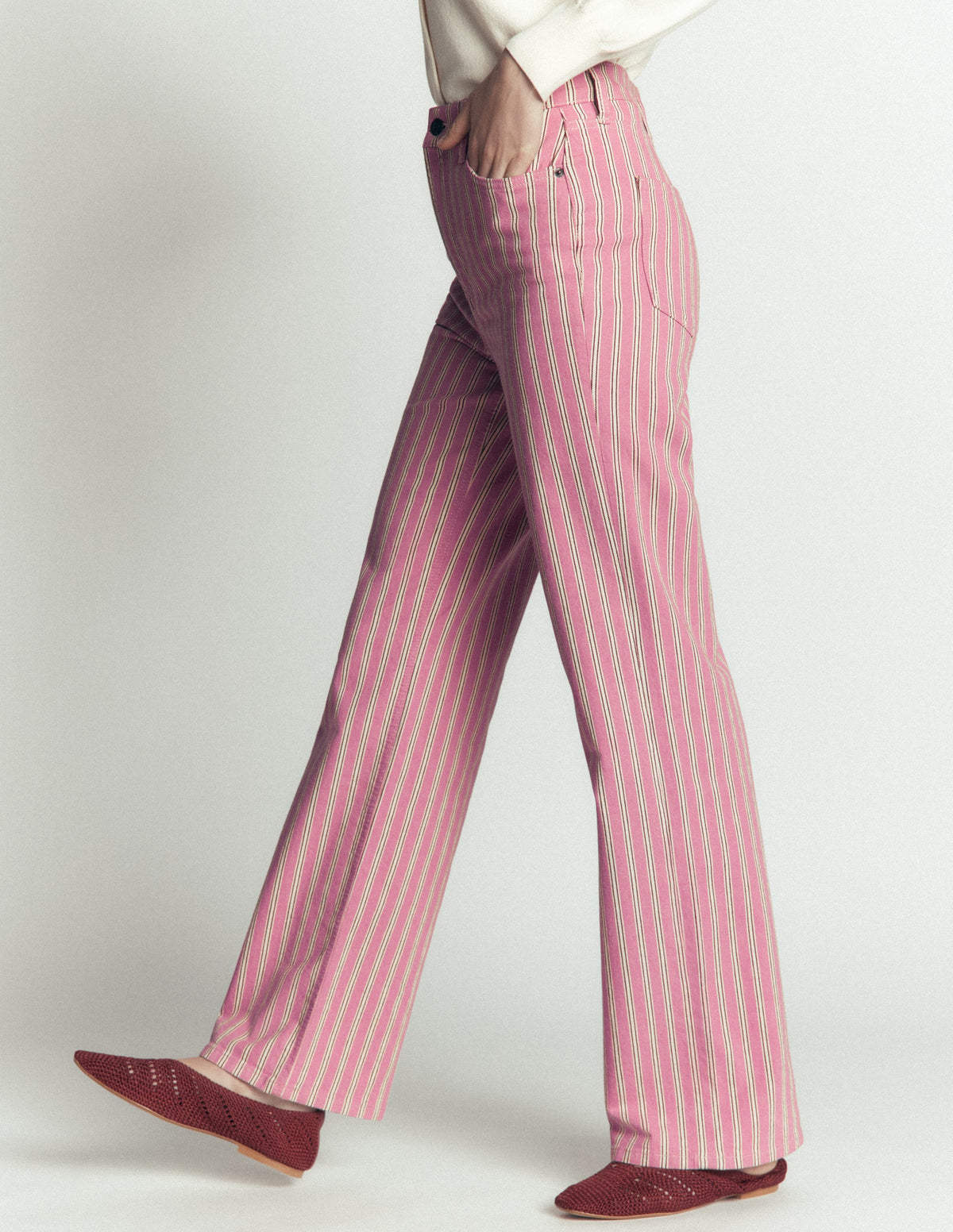Jeans mit hohem Bund und geradem, weitem Bein-Rosa, Kastanienbraun Tram Streifen-6
