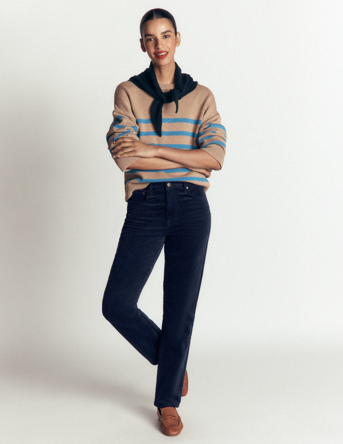 Schmal geschnittene Cord-Jeans mit hohem Bund-Marineblau-1
