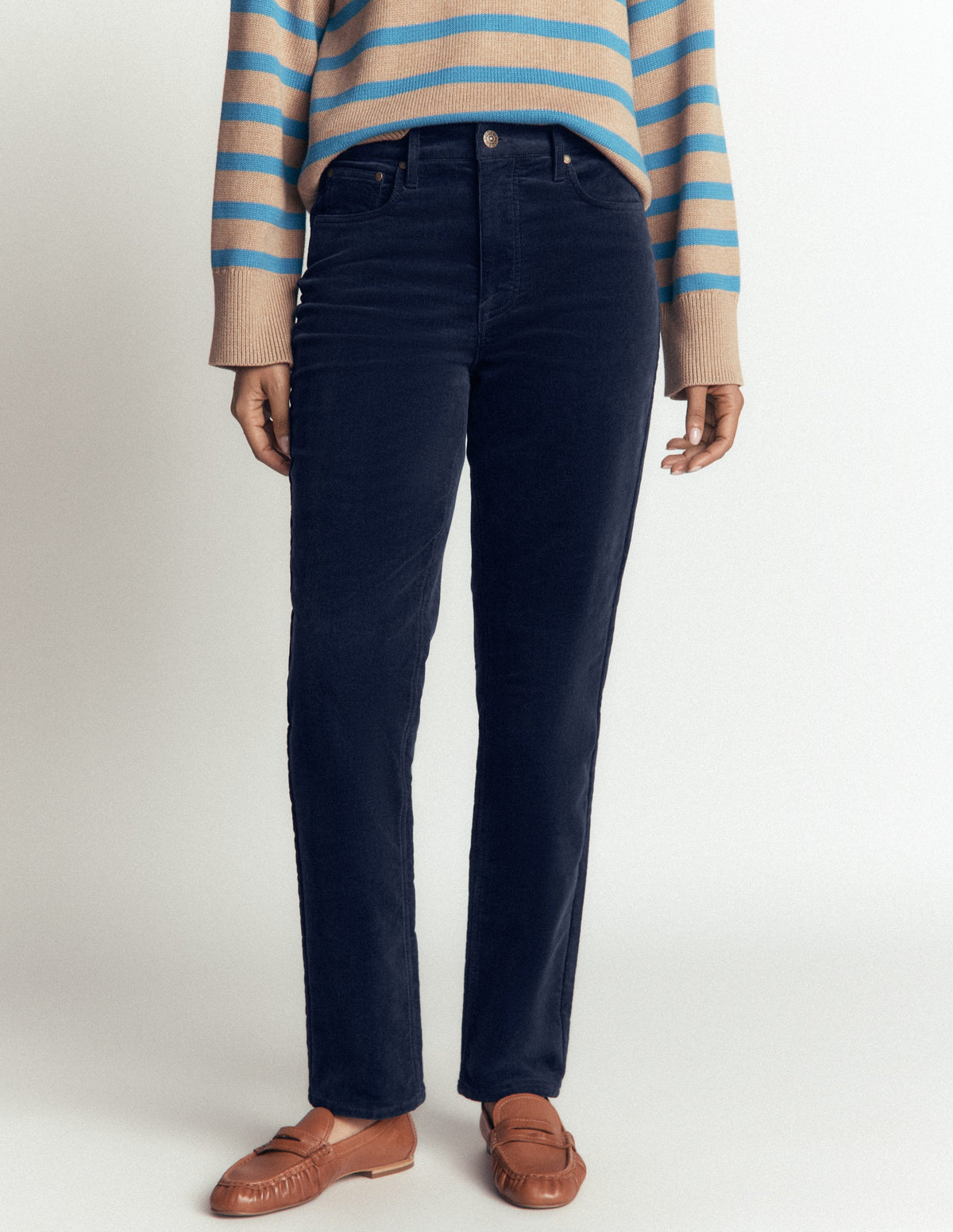 Schmal geschnittene Cord-Jeans mit hohem Bund-Marineblau - Image 5