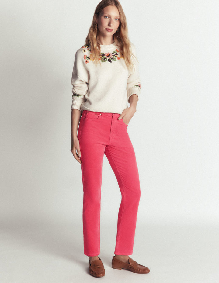 Schmal geschnittene Cord-Jeans mit hohem Bund-Stechpalmenbeere