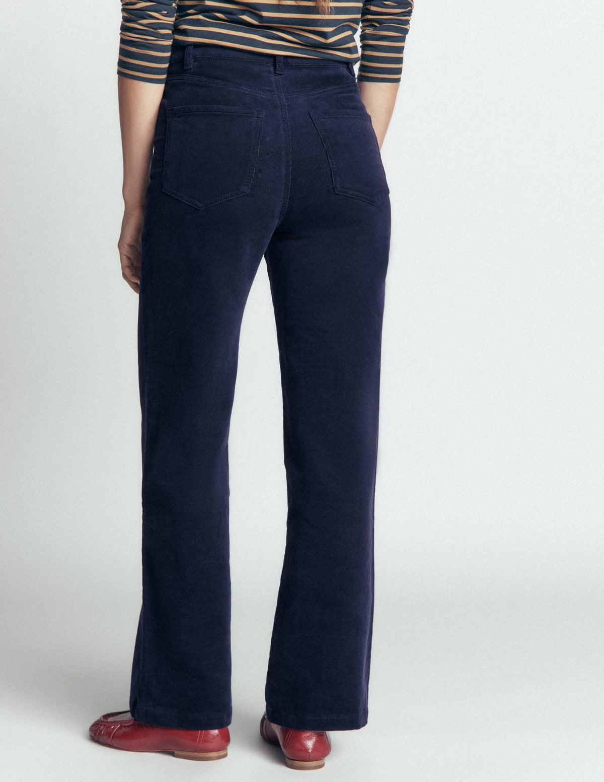 Jean colonne à taille haute en velours côtelé-Bleu marine-3