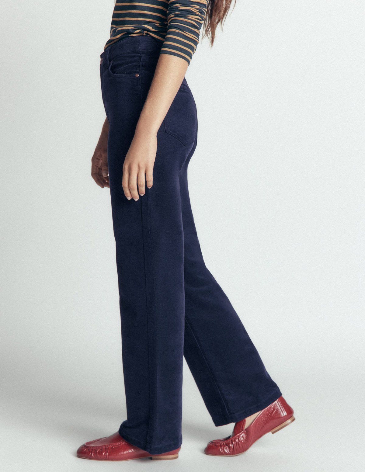 Jean colonne à taille haute en velours côtelé-Bleu marine-5